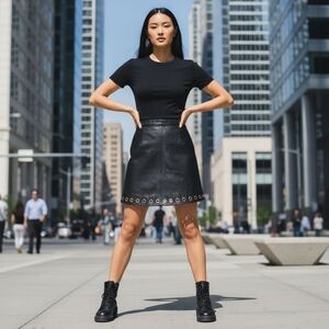 Vintage H&M Genuine Leather Black A-Line Skirt With Silver Eyelets, Size S